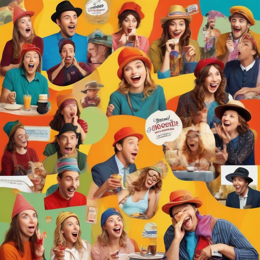 A whimsical collage depicting scenes of comedy joy with characters laughing heartily in various settings: a stand-up comedian on stage, a playful satire on a television screen, and a group of friends sharing inside jokes at a café. Incorporate elements like funny hats, exaggerated expressions, and joyful colors to emphasize the uplifting power of humor in life. vibrant colors. cartoon style. playful atmosphere.