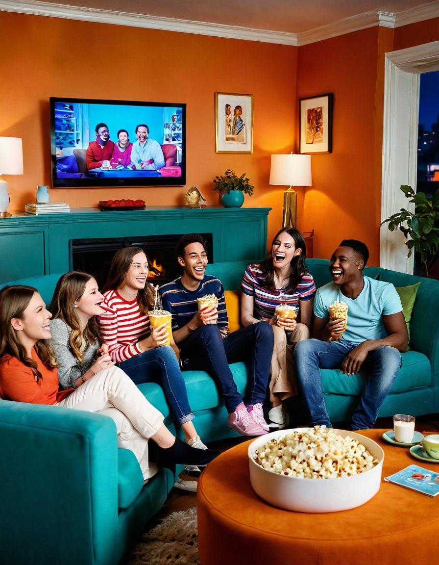 A whimsical scene depicting a cozy living room filled with laughter, where a diverse group of friends is joyfully watching a humorous television show. The TV screen radiates bright, engaging colors, showcasing funny characters and slapstick moments. Elements like popcorn, colorful cushions, and exaggerated facial expressions add to the joyful atmosphere. The room is bathed in warm lighting to evoke a sense of happiness and comfort. cartoonish. vibrant colors. cozy interior.