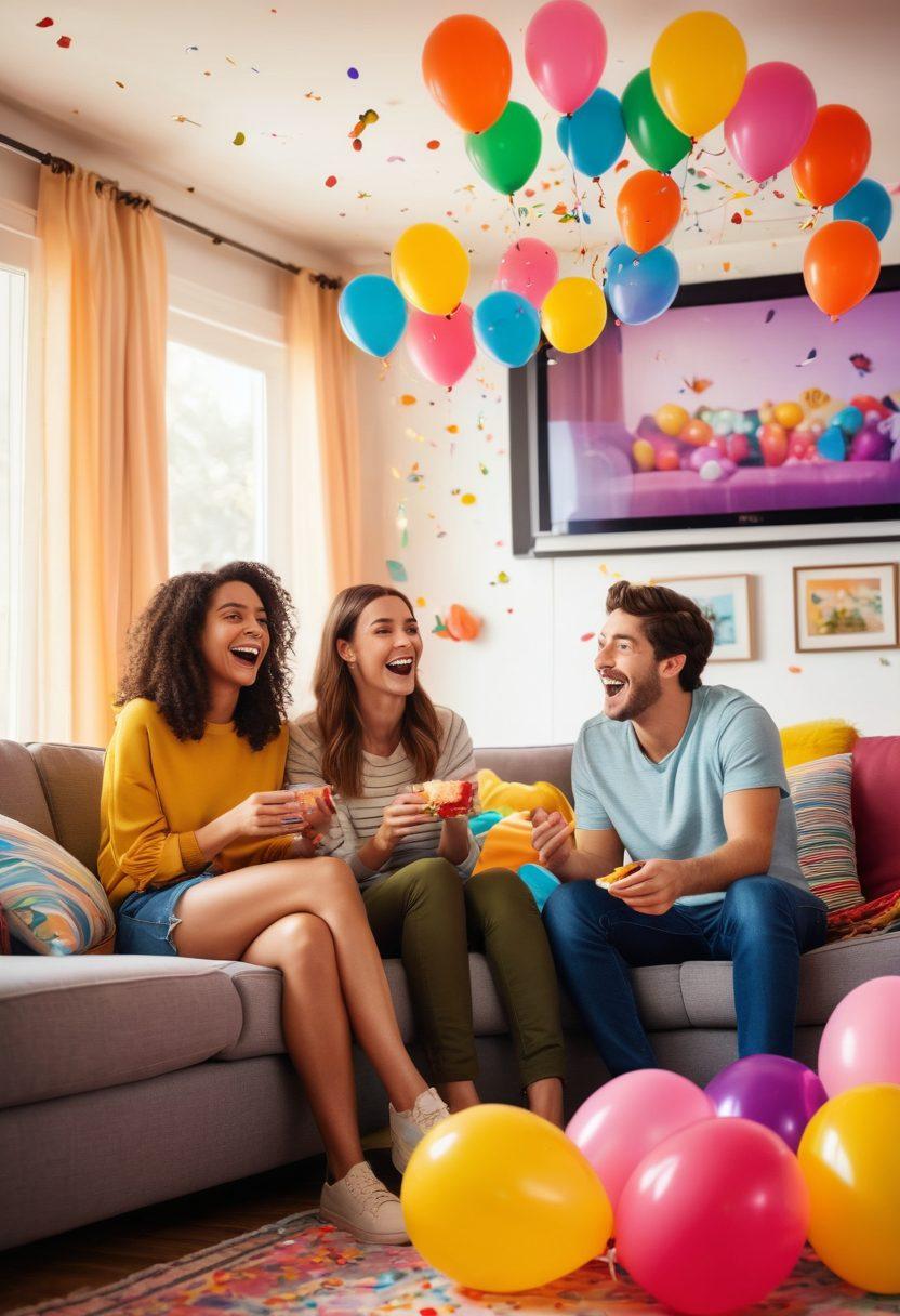 A cheerful living room scene with a cozy couch, a large screen displaying vibrant comedy shows, and colorful laughter-themed decor. A diverse group of friends is gathered, laughing and enjoying snacks, with colorful floating balloons and confetti around them. Light beams create a joyful atmosphere, emphasizing warmth and happiness. cartoonish style. bright colors. whimsical details.